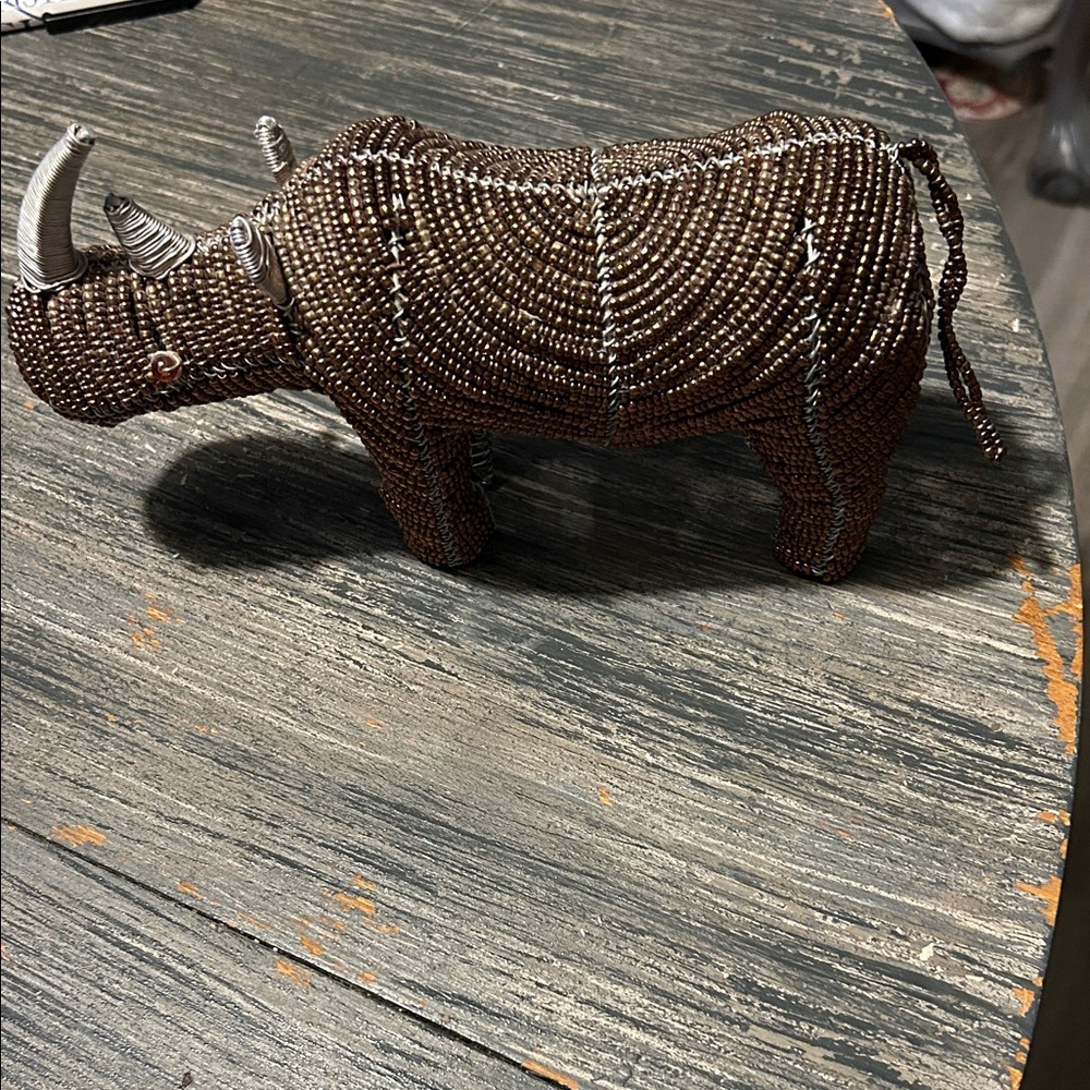 Beaded Rhino Sculpture in Brown and Silver, Global